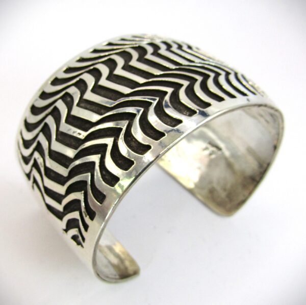 Navajo Wide Sterling Silver Overlay Cuff Bracelet by Frederick Douglas