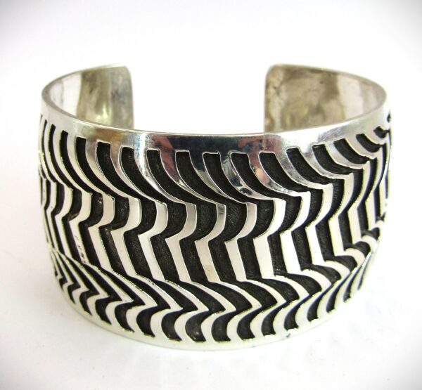 Navajo Wide Sterling Silver Overlay Cuff Bracelet by Frederick Douglas