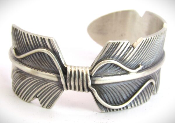 Navajo Stylized Sterling Silver Feather Cuff Bracelet by Chris Charlie