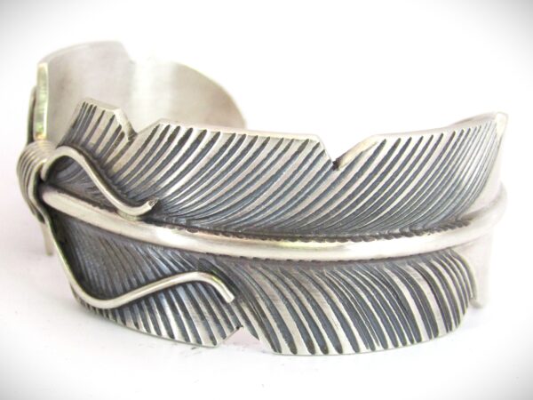 Navajo Stylized Sterling Silver Feather Cuff Bracelet by Chris Charlie