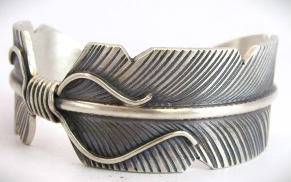 Navajo Stylized Sterling Silver Feather Cuff Bracelet by Chris Charlie