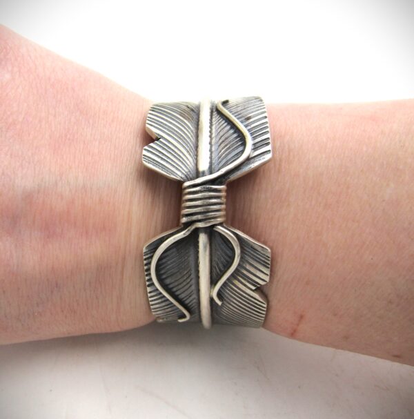 Navajo Stylized Sterling Silver Feather Cuff Bracelet by Chris Charlie