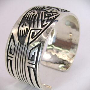 Hopi, Sterling silver, overlay, bear paw, cuff bracelet