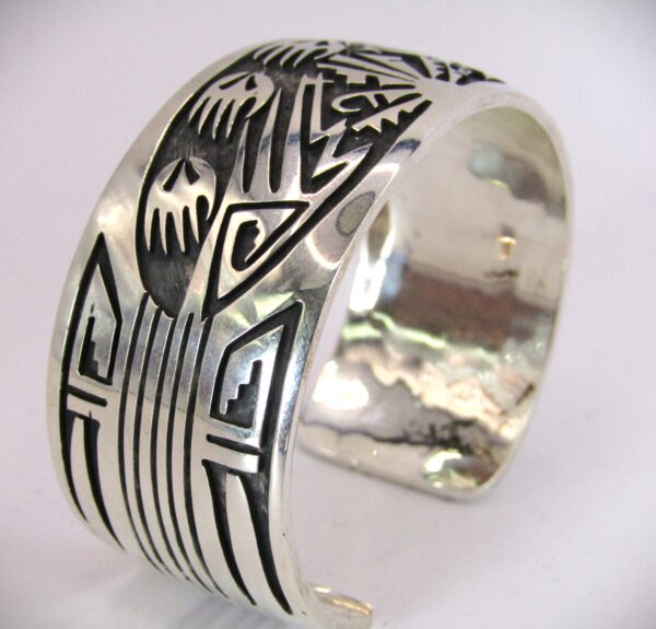 Hopi, Sterling silver, overlay, bear paw, cuff bracelet