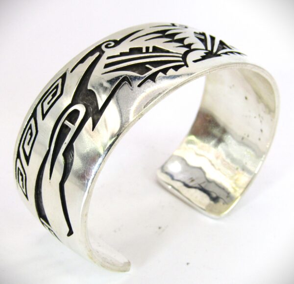 Hopi Overlay Sterling Silver Roadrunner Design Cuff Bracelet Stamped "T"