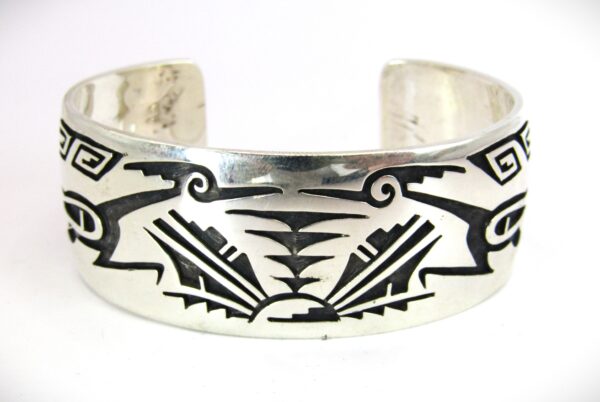 Hopi Overlay Sterling Silver Roadrunner Design Cuff Bracelet Stamped "T"