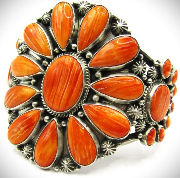 spiny, orange, orange spiny, oyster, orange spiny oyster, Tyler Brown, Navajo, cuff, Sterling silver, Large cuff, handmade, genuine, artist made, sterling, silver